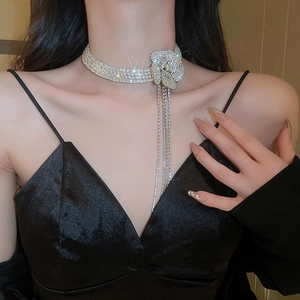 Dettaglio del girocollo con fiore di strass e lunghe nappe brillanti a cascata