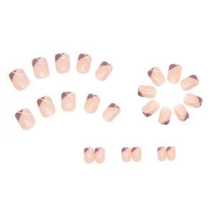 French tip press-on nails in lavender purple and nude pink with geometric line art