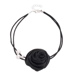 Double-layered black rope choker featuring a 3D satin rose and white faux pearls