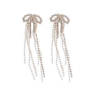 Elegant silver bow earrings with sparkling rhinestone tassels on a clean white background