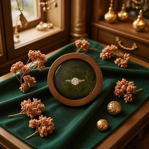 Macro shot of a diamond ring inside a wooden box with green velvet and dried flowers