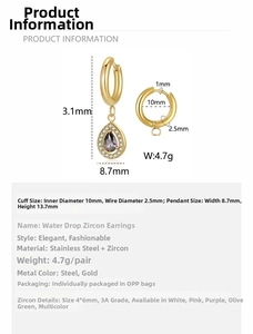 Detailed size specifications for teardrop zircon pendant earrings in stainless steel