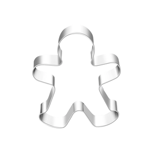 Macro detail of gingerbread man cookie cutter in high-quality polished stainless steel
