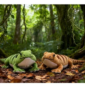 Detailed view of green iguana and brown bearded dragon plush toys in a forest