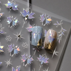 5D embossed holographic butterfly nail stickers with star motifs on blue nails