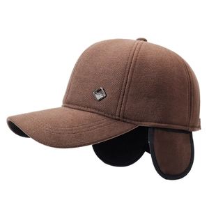 Men's brown thickened wool winter baseball cap with ear flaps for cold protection