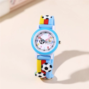 Kids quartz wrist watch with soccer pattern and colorful numbers on white dial
