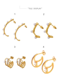 Détails de boucles d'oreilles géométriques plaquées or 18 carats avec perles et zircons