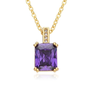 Elegant gold necklace featuring a rectangular purple gemstone and four small clear diamonds