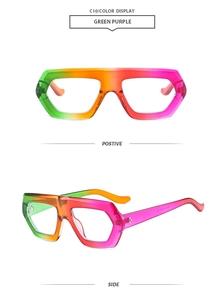 Detailansicht der hexagonalen Sonnenbrille mit Farbverlauf in Grün-Lila von vorne