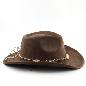 Close-up of bohemian western cowboy hat with suede texture and beaded leather trim