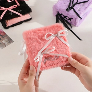 Pink plush photo album with silk bow and so cute embroidery for polaroid storage