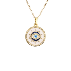 Golden necklace with a white enamel evil eye pendant and zircon micro-inlay details