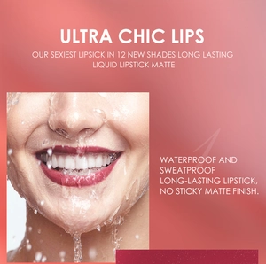 Detail of matte liquid lipstick showing waterproof and sweatproof test with water splashes