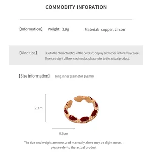 Detailed size specifications table for copper zircon ring with dimensions and weight info