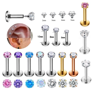 Stainless Steel Labret Stud Lip Ring With Cubic Zirconia Flat Back Internally Threaded Piercing Jewelry For Women