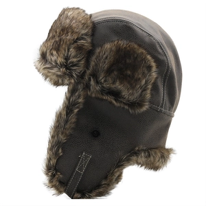 Deep brown leather trapper hat with faux fur lining for winter warmth and wind protection