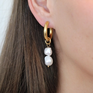 Elegant 18K gold hoop earrings with double baroque freshwater pearl drops for women