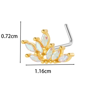 L-shaped gold nose stud with marquise-cut iridescent stones in a crown design