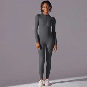 Detail of dark grey long sleeve yoga jumpsuit with front half-zipper and high elasticity