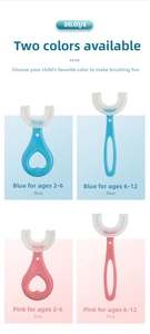 Detail view of U-shaped silicone toothbrushes for kids in blue and pink, ages 2-12