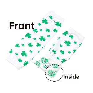 Detailed view showing the front and inside knit texture of clover pattern arm warmers