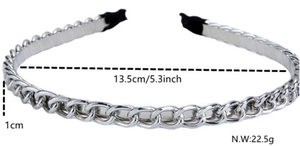 Silver metal chain headband detail with measurements and black protective end caps