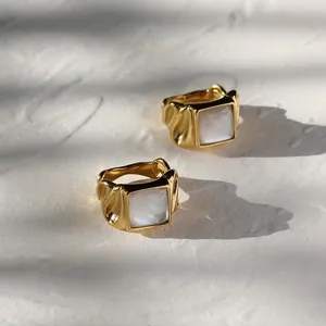 Vintage 18K gold plated titanium ring with square white shell inlay and pleated texture