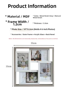 Detailed dimensions of 33x33cm MDF multi-photo frame for 4 6-inch pictures