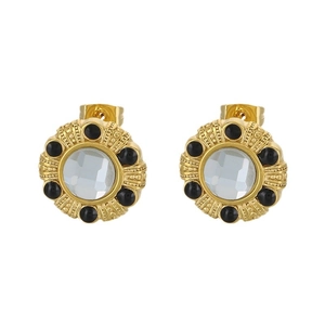 Boucles d'oreilles rondes vintage en acier doré 18K avec cristal et pierres noires