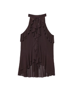 Detail of dark brown halter neck top showing layered chiffon ruffles and textured fabric