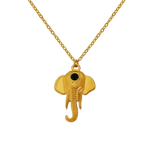 Minimalist gold elephant pendant necklace with black gemstone eyes on a sleek metal chain
