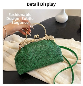 Macro detail of green embossed shell bag featuring vintage floral patterns and gold metal handle