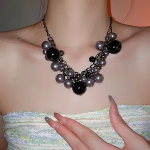 Statement Cluster Necklace With Multi Sized Imitation Artificial Pearl Alloy Chain Chunky Gothic Dark Style Jewelry For Women