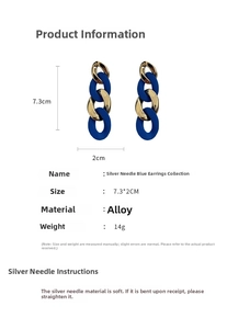 Detail view of Klein blue matte and gold chain earrings with S925 silver needles