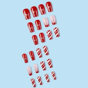 24pcs Christmas press-on nails set with red snowflakes and French tip patterns
