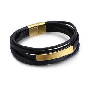 Men's multilayer black braided leather bracelet with polished gold stainless steel buckle