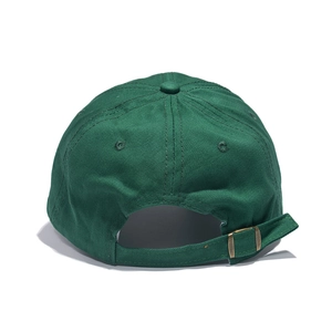 Detailed back view of dark green baseball cap featuring metal buckle and fabric strap