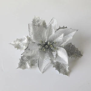 Sparkling silver artificial Poinsettia flower with glitter for Christmas DIY decoration