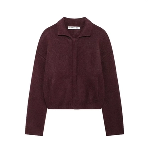 Cardigan En Maille Pull Veste Femmes Revers Fermeture Éclair Uni Bourgogne Manches Longues Décontracté Chaud
