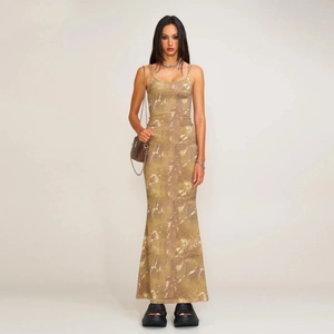 Camisole Maxi Dress Cotton Slim Fit Adjustable Spaghetti Straps Vintage Camouflage Print Sleeveless Long For Women