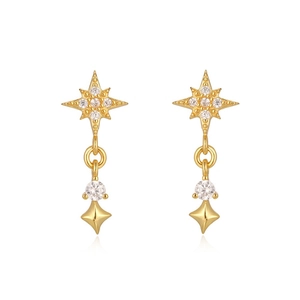 Elegant gold drop earrings with crystal North Star and geometric rhombus pendant charms