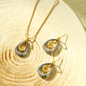 Ensemble collier et boucles d'oreilles avec pendentif goutte d'eau bicolore doré et argenté