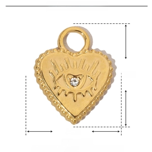 Detailed dimensions of gold stainless steel heart pendant with evil eye and rhinestone