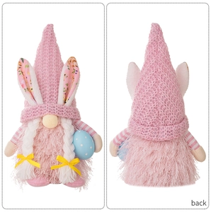 Front and back detail of pink Easter gnome plush with rabbit ears and Easter egg
