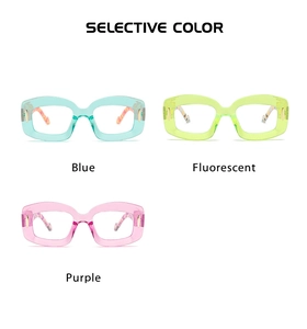 Detailed comparison of blue, fluorescent, and purple transparent retro thick eyeglass frames