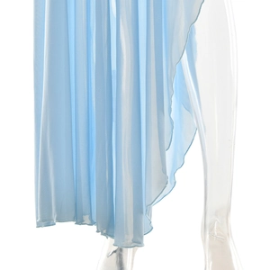 Detail of light blue sheer tulle fabric featuring pleated texture and irregular hem design