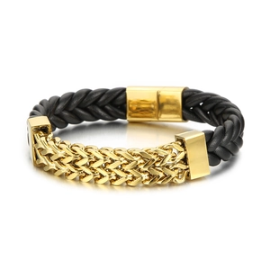 Men's double-row braided black leather and gold steel chain bracelet with magnetic clasp