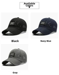 Three perforated quick-dry baseball caps in black, navy, and grey for outdoor sports