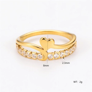Heart Shape Ring Double Layer Stainless Steel Pave Zircon Elegant Gold Plated Fashion Jewelry For Women